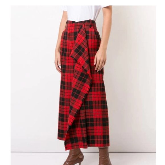 Monse Cascade Slit Flared-leg Wool Tartan Culotte Pants In Red size 0 - Picture 2 of 2
